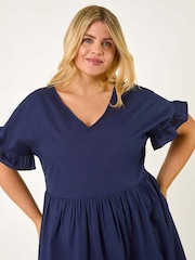 Roman Blue Curve 100% Cotton V-Neck Frill Dress - Image 4 of 5