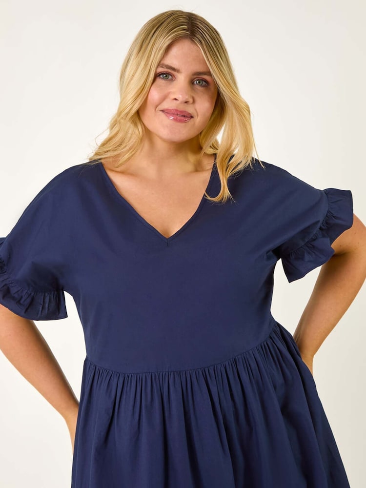 Roman Blue Curve 100% Cotton V-Neck Frill Dress - Image 4 of 5