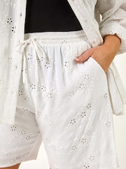 Roman White Curve Tie Waist Broderie Shorts - Image 1 of 5