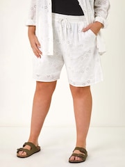 Roman White Curve Tie Waist Broderie Shorts - Image 4 of 5