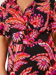 Roman Pink Curve Leaf Print Wrap Midi Dress - Image 2 of 5