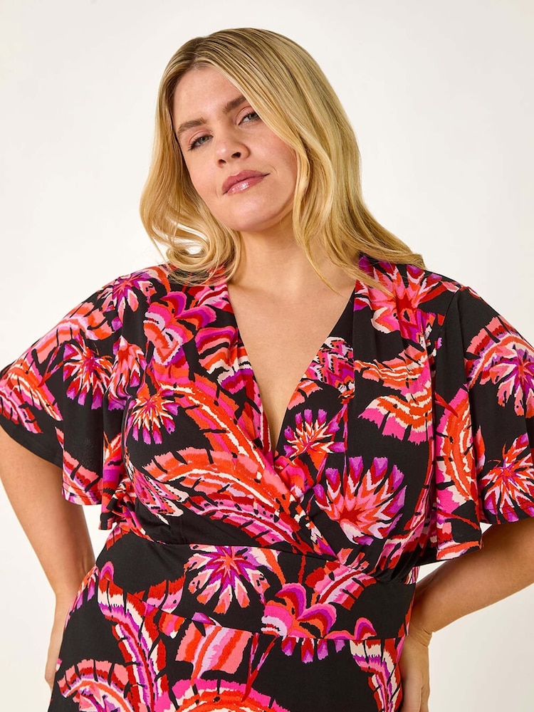 Roman Pink Curve Leaf Print Wrap Midi Dress - Image 2 of 5