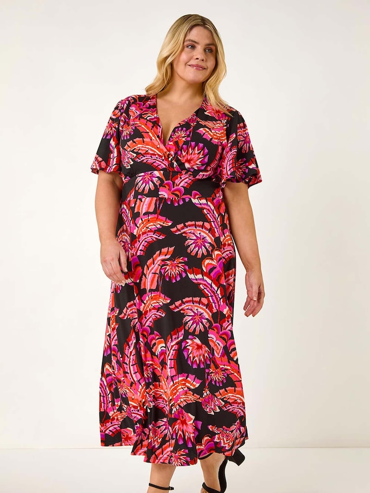 Roman Pink Curve Leaf Print Wrap Midi Dress - Image 5 of 5