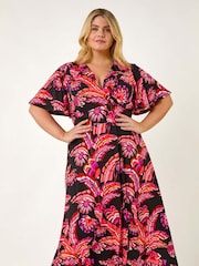 Roman Pink Curve Leaf Print Wrap Midi Dress - Image 5 of 5