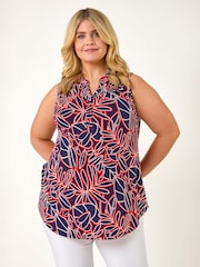 Roman Red Curve Textured Leaf Print Vest Top - Image 1 of 5