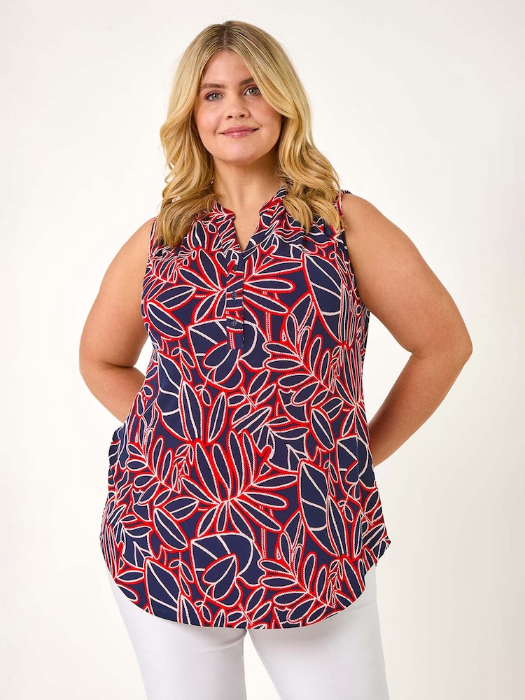 Roman Red Curve Textured Leaf Print Vest Top - Image 1 of 5
