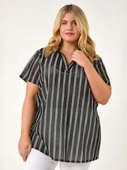 Roman Black Curve Stripe Collared Knit Top - Image 1 of 5