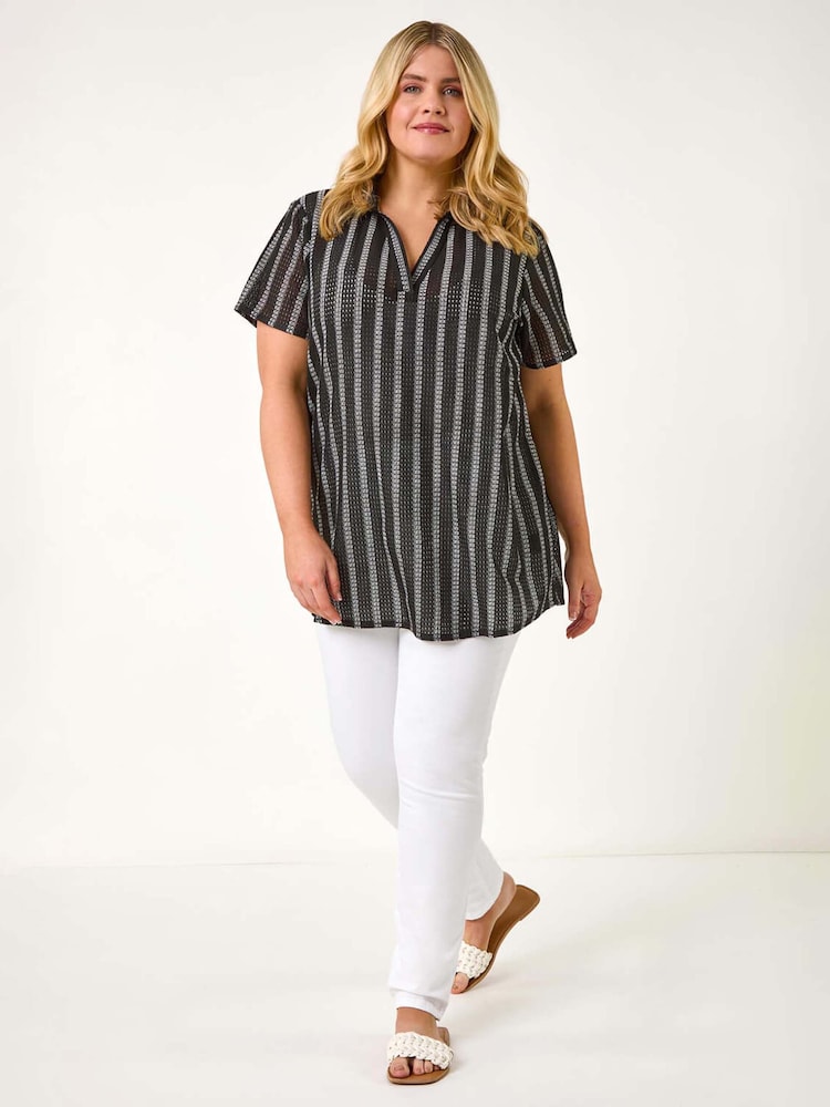 Roman Black Curve Stripe Collared Knit Top - Image 2 of 5