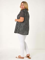 Roman Black Curve Stripe Collared Knit Top - Image 3 of 5