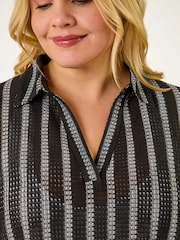 Roman Black Curve Stripe Collared Knit Top - Image 5 of 5