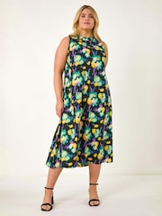 Roman Green Curve Highneck Floral Midi Dress - Image 1 of 5