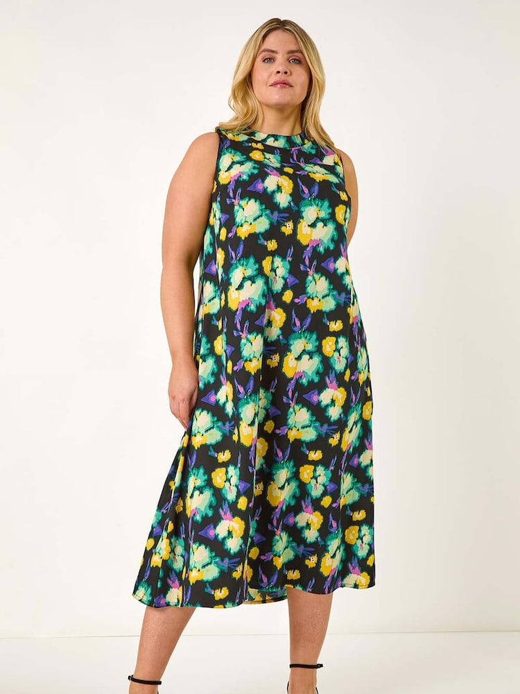 Roman Green Curve Highneck Floral Midi Dress - Image 1 of 5