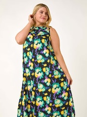 Roman Green Curve Highneck Floral Midi Dress - Image 3 of 5