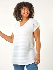 Roman White Curve Crochet V-Neck Stretch Top - Image 1 of 5