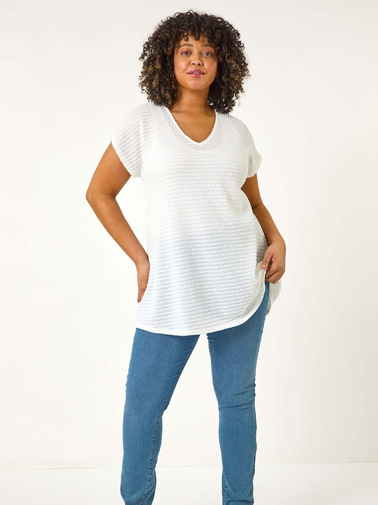 Roman White Curve Crochet V-Neck Stretch Top - Image 2 of 5