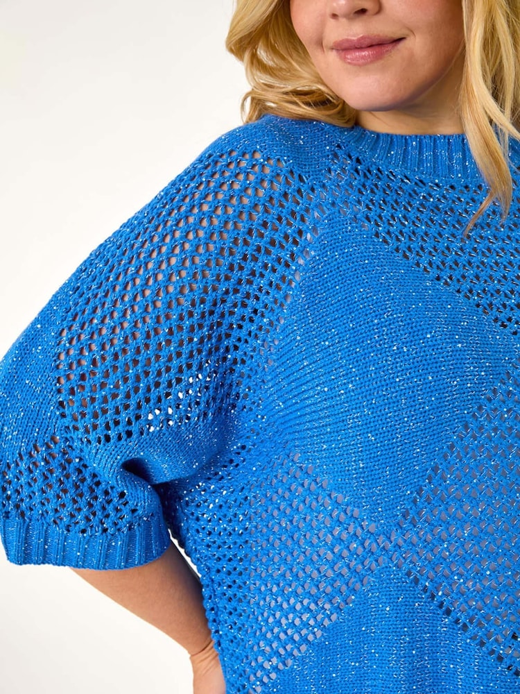 Roman Blue Curve Metallic Diamond Knit Top - Image 5 of 5