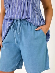 Roman Blue 100% Cotton Curve Tie Waist Denim Shorts - Image 1 of 5