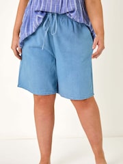 Roman Blue 100% Cotton Curve Tie Waist Denim Shorts - Image 4 of 5