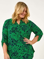 Roman Green Curve Leaf Print Button Stretch Shirt - Image 1 of 5