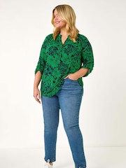Roman Green Curve Leaf Print Button Stretch Shirt - Image 2 of 5