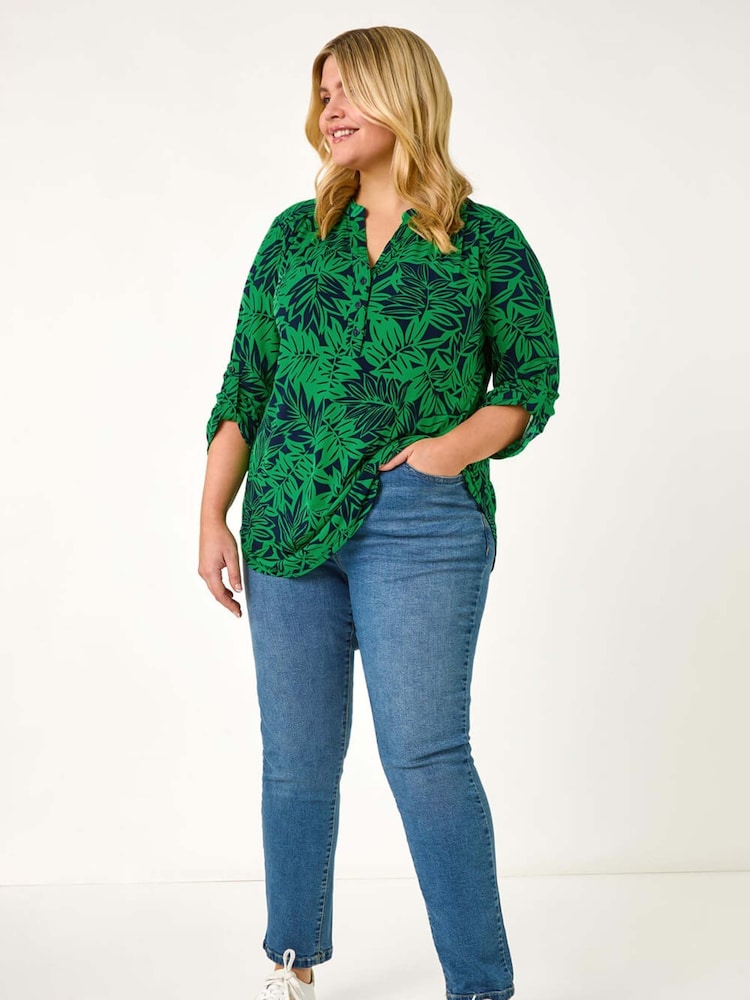 Roman Green Curve Leaf Print Button Stretch Shirt - Image 2 of 5