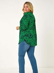 Roman Green Curve Leaf Print Button Stretch Shirt - Image 3 of 5