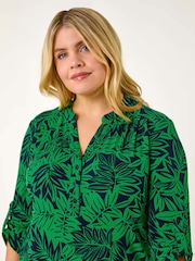 Roman Green Curve Leaf Print Button Stretch Shirt - Image 4 of 5