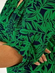Roman Green Curve Leaf Print Button Stretch Shirt - Image 5 of 5