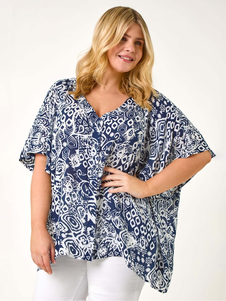Roman Blue Curve Ikat Print Asymmetric Blouse - Image 1 of 5