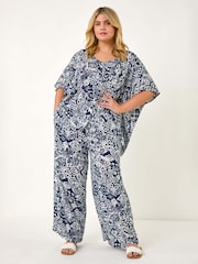 Roman Blue Curve Ikat Print Asymmetric Blouse - Image 2 of 5