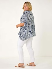 Roman Blue Curve Ikat Print Asymmetric Blouse - Image 3 of 5