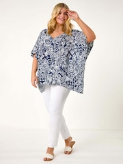 Roman Blue Curve Ikat Print Asymmetric Blouse - Image 4 of 5