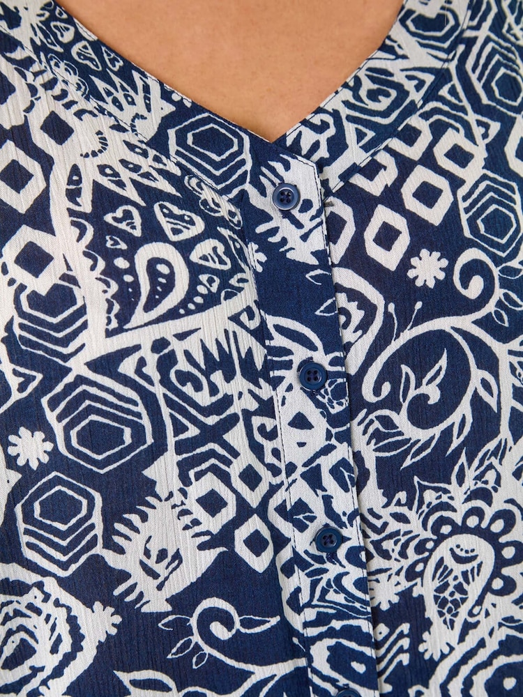 Roman Blue Curve Ikat Print Asymmetric Blouse - Image 5 of 5 Roman Blue Curve Ikat Print Asymmetric Blouse - Image 5 of 5