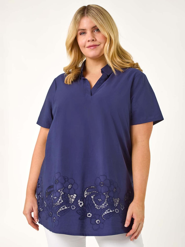 Roman Blue Curve Floral Cut Out Woven Top - Image 1 of 5