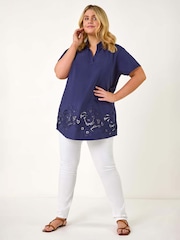 Roman Blue Curve Floral Cut Out Woven Top - Image 2 of 5