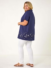 Roman Blue Curve Floral Cut Out Woven Top - Image 3 of 5