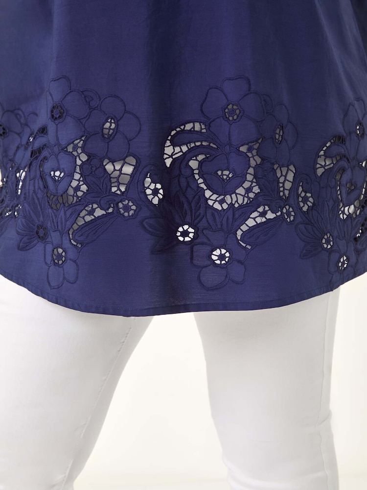 Roman Blue Curve Floral Cut Out Woven Top - Image 5 of 5