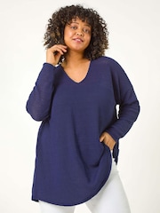 Roman Blue Curve Textured Knit V-Neck Tunic - Image 1 of 5