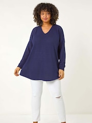 Roman Blue Curve Textured Knit V-Neck Tunic - Image 2 of 5