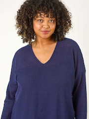 Roman Blue Curve Textured Knit V-Neck Tunic - Image 4 of 5