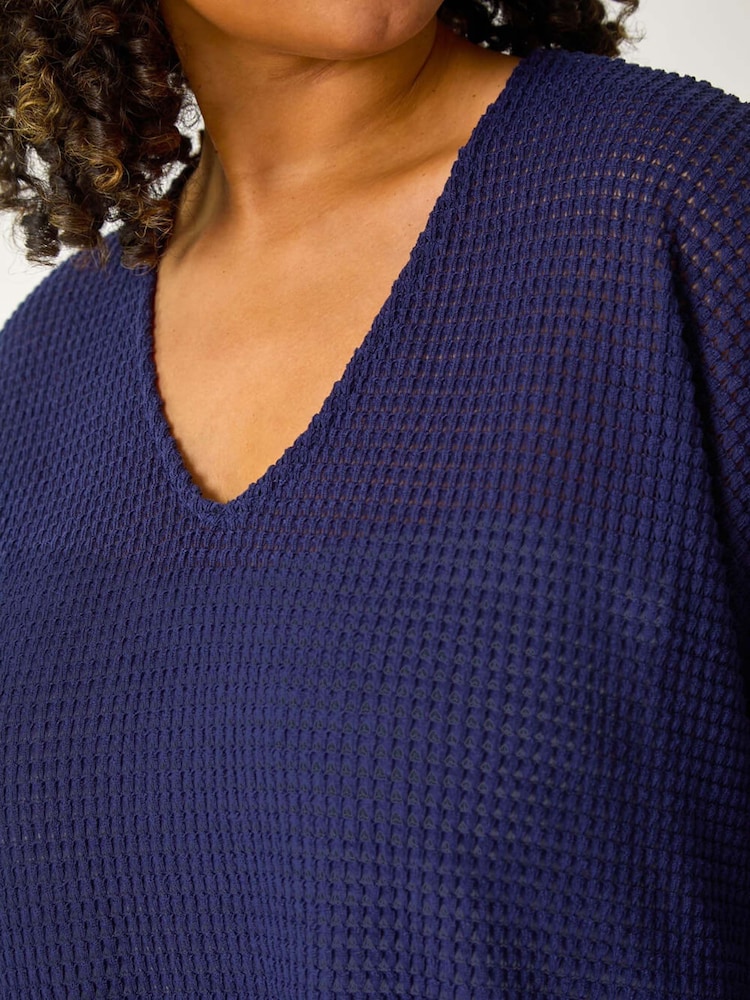 Roman Blue Curve Textured Knit V-Neck Tunic - Image 5 of 5