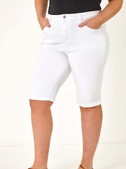 Roman White Curve Stretch Knee Length Denim Shorts - Image 4 of 5