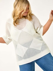 Roman White Curve Metallic Diamond Knit Top - Image 1 of 5