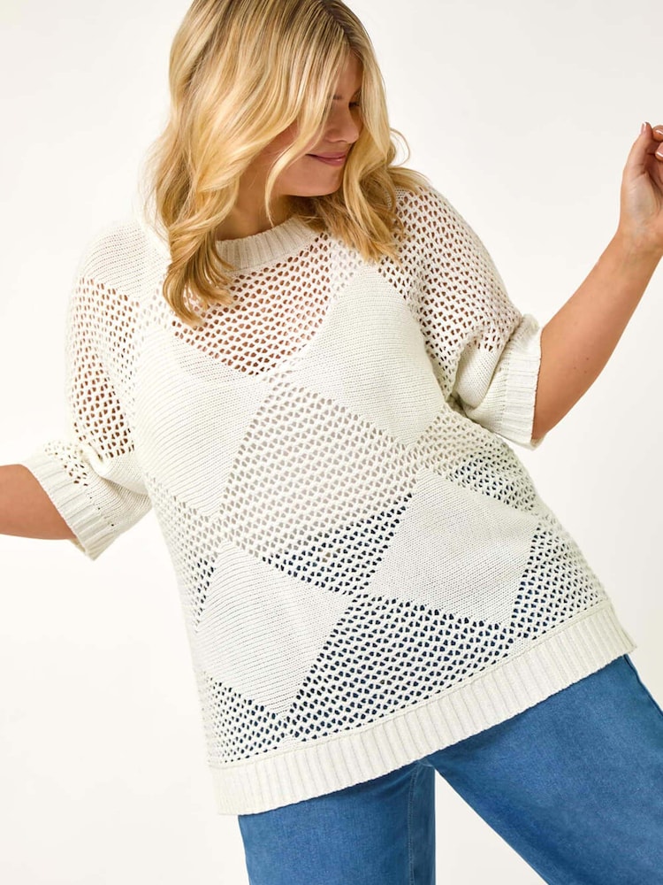Roman White Curve Metallic Diamond Knit Top - Image 1 of 5