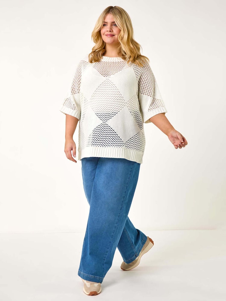Roman White Curve Metallic Diamond Knit Top - Image 2 of 5