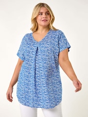 Roman Blue Curve Pleat Front Printed Stretch Top - Image 1 of 5