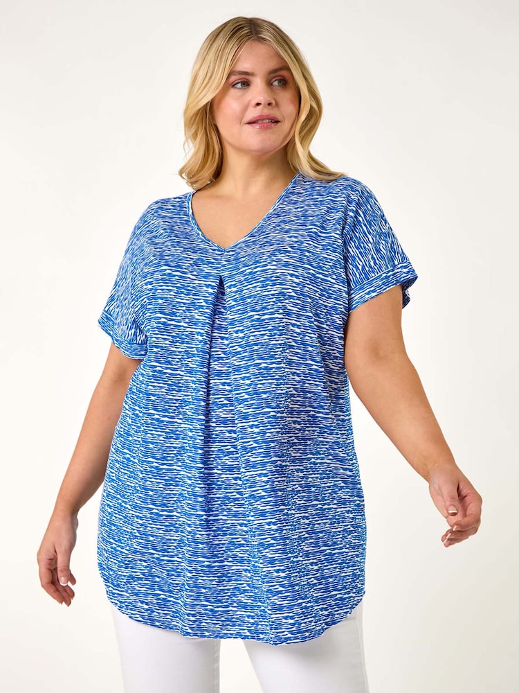 Roman Blue Curve Pleat Front Printed Stretch Top - Image 1 of 5