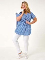Roman Blue Curve Pleat Front Printed Stretch Top - Image 2 of 5