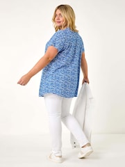 Roman Blue Curve Pleat Front Printed Stretch Top - Image 3 of 5