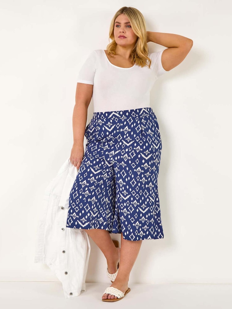 Roman Blue Curve Ikat Print Wide Leg Culottes - Image 1 of 5